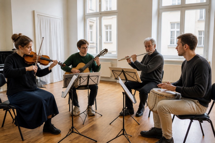 Ensemble einer Musikschule: vier Menschen unterschiedlichen Alters proben zusammen